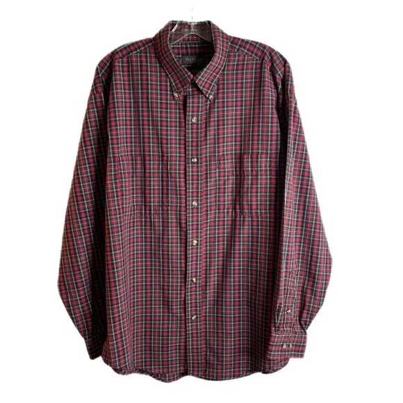 Van Heusen Men's Button Down Shirt L 16-16.5 Red Plaid Wrinkle Free Cotton Blend - Picture 1 of 7